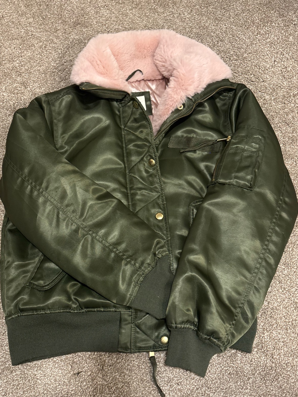 GAP Olive Green Bomber Jacket with Pink Faux Fur Trim